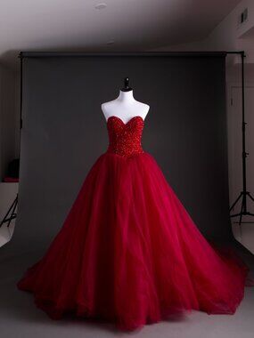 Custom Red Ball Gown Crystal Beaded Sweetheart Tulle Train Adjustable Back